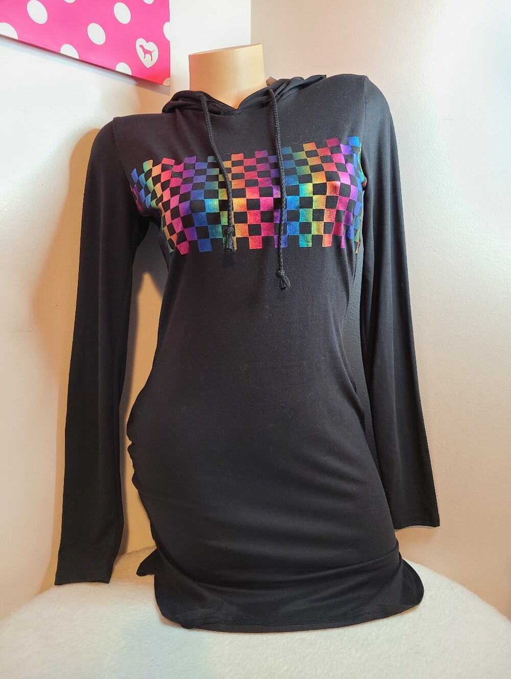 Rue21 Black Hoodie Dress with Neon Rainbow Checkerboard Size Sm